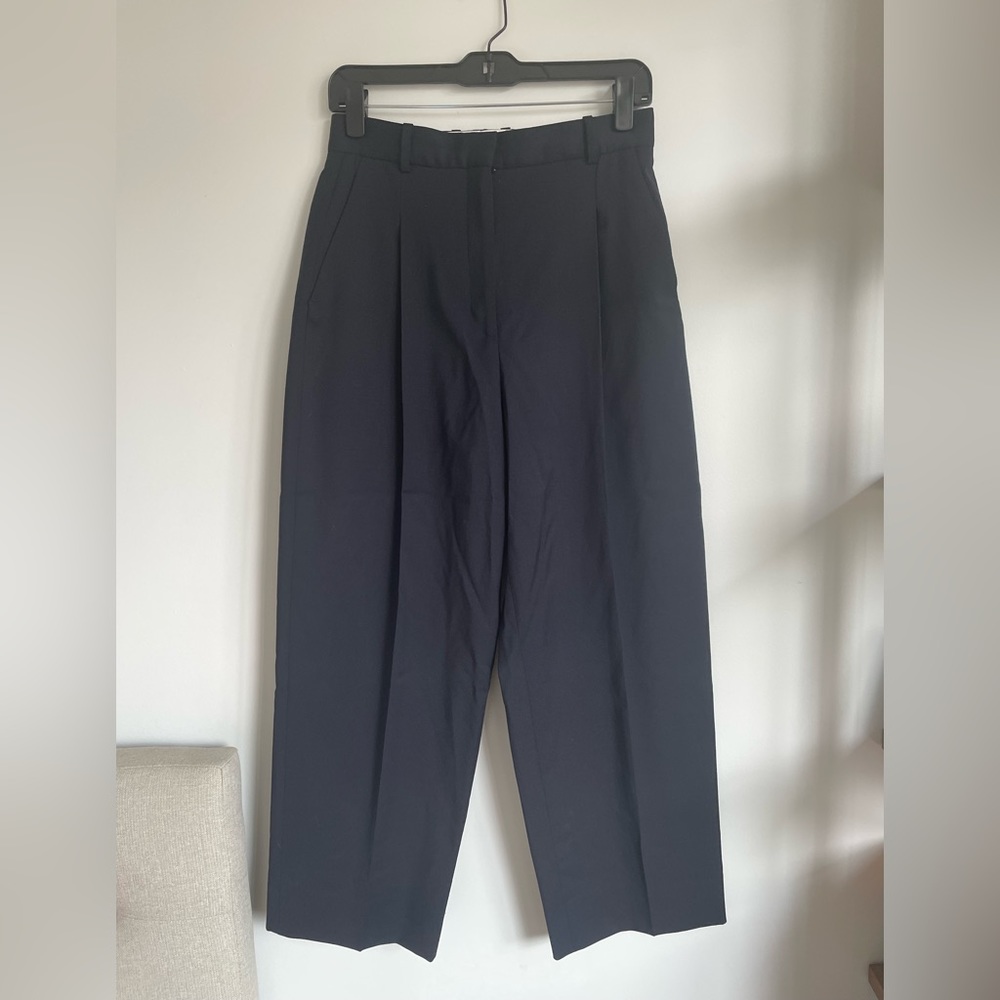 Sandro Pleated Wide Ankle Wool Pants - Navy